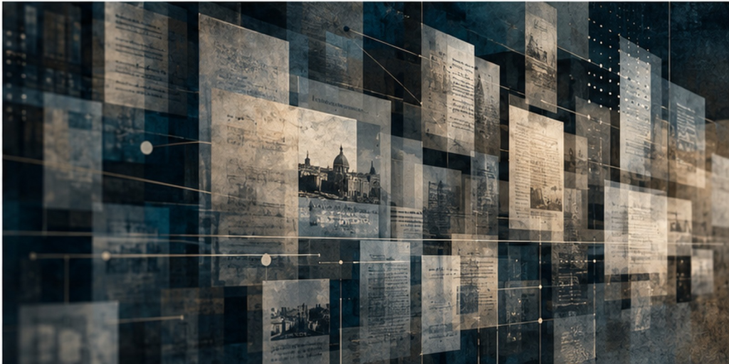 Composición editorial abstracta sobre memoria digital y archivo histórico de Infoconocimiento